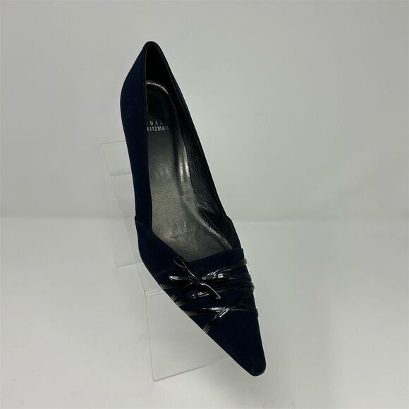 Stuart Weitzman Women's Navy Blue Pointed Toe Bow Swirled Heels Size 10.5 Narrow - Picture 2 of 14